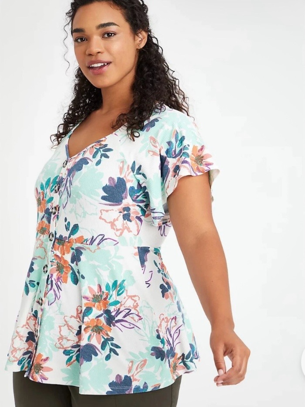 Torrid Womens Plus Size Button Front Peplum Top Floral White with Green Size 
2X